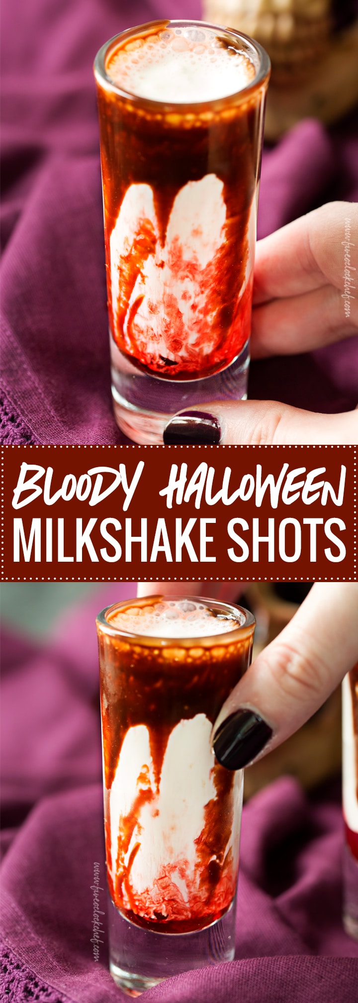 Gory and delicious, these vanilla milkshake shots take just 5 ingredients to make, and are perfect for a Halloween party! #shots #milkshake #halloween #party #fall #boozy #drink 