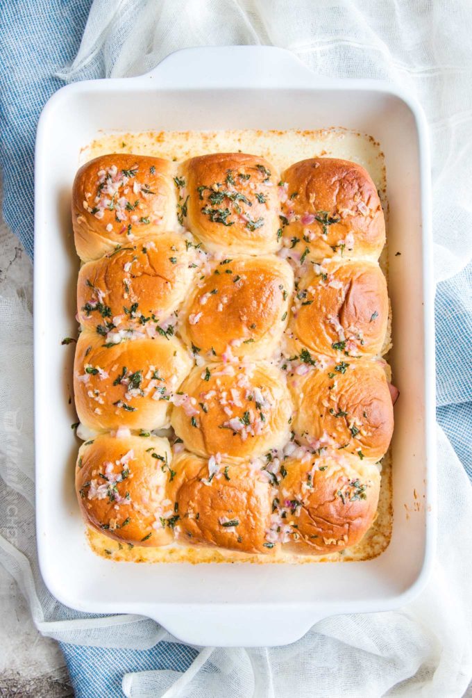 Ham and cheese sliders in baking pan