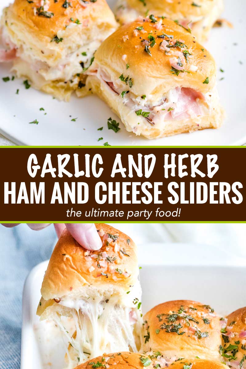The ultimate party or finger food, these melt in your mouth ham and cheese sliders are made savory with the addition of garlic and herbs, drizzled in a garlic/shallot butter and baked until tender and golden! #appetizer #partyfood #fingerfood #sliders #hamandcheese #garlicandherb #easyrecipe
