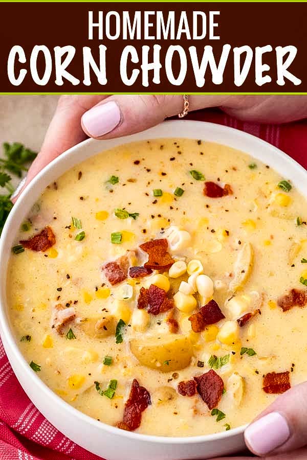 Cozy corn chowder, made with tender potatoes, salty bacon and sweet corn!  Perfect as a weeknight meal!  Crockpot directions too! #soup #chowder #cornchowder #fall #souprecipe #weeknightmeal #crockpot #slowcooker