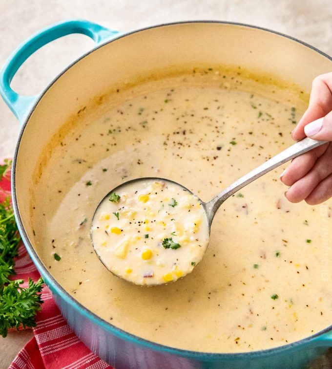 Ladle full of corn chowder