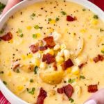 Cozy corn chowder, made with tender potatoes, salty bacon and sweet corn!  Perfect as a weeknight meal!  Crockpot directions too! #soup #chowder #cornchowder #fall #souprecipe #weeknightmeal #crockpot #slowcooker