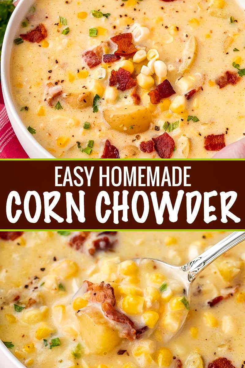 Cozy corn chowder, made with tender potatoes, salty bacon and sweet corn!  Perfect as a weeknight meal!  Crockpot directions too! #soup #chowder #cornchowder #fall #souprecipe #weeknightmeal #crockpot #slowcooker
