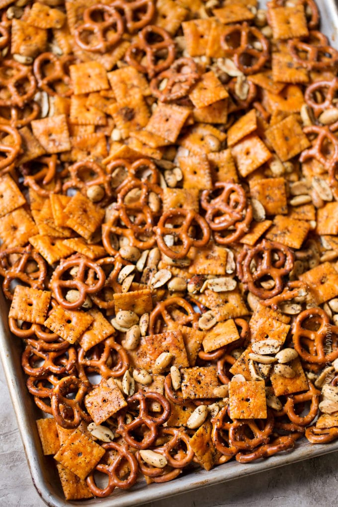 Sheet pan of homemade party mix