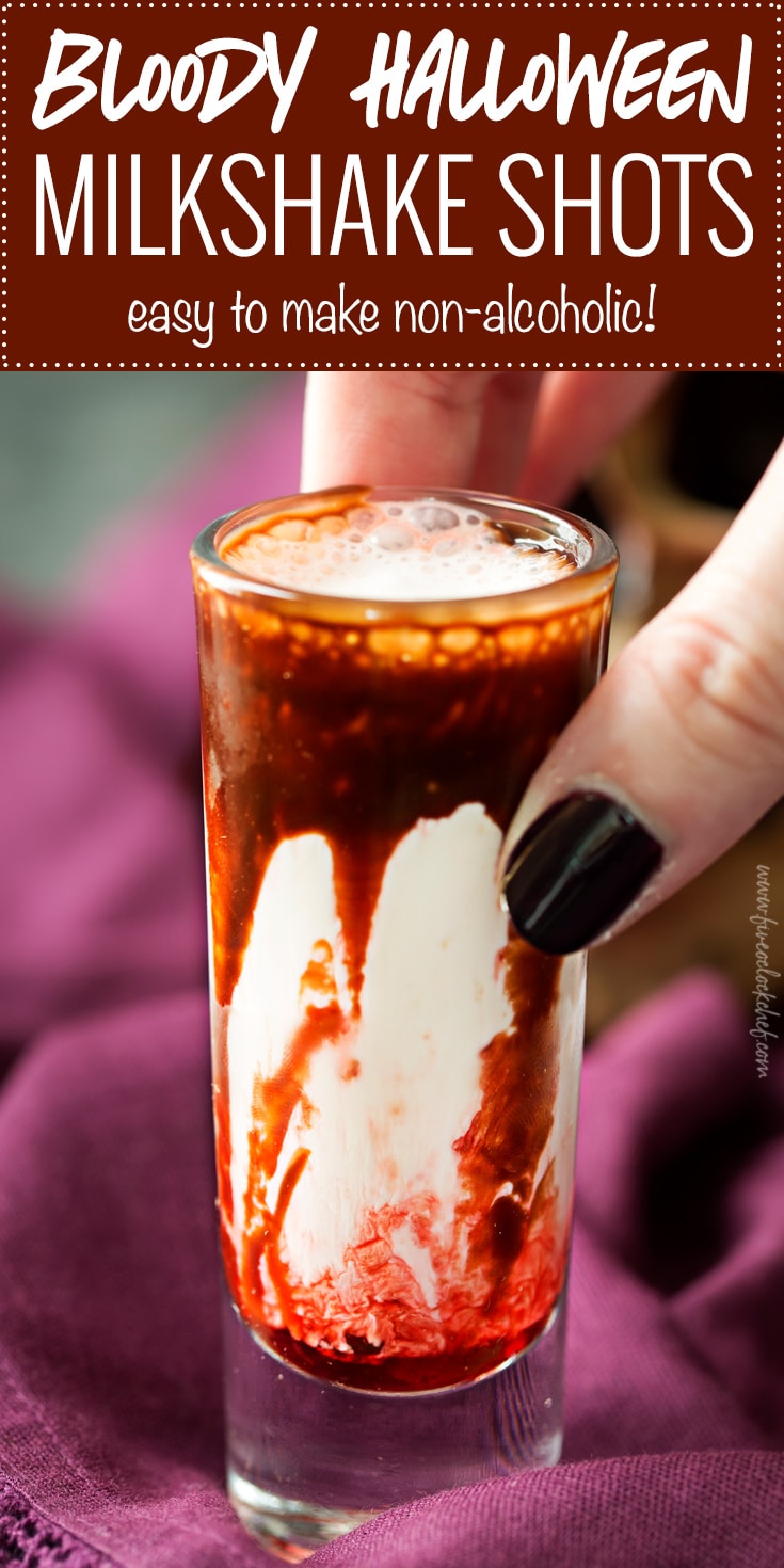 Gory and delicious, these vanilla milkshake shots take just 5 ingredients to make, and are perfect for a Halloween party! #shots #milkshake #halloween #party #fall #boozy #drink 