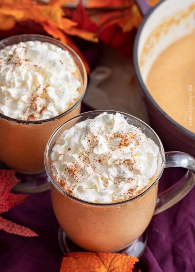 Glass mug of pumpkin spice latte hot chocolate