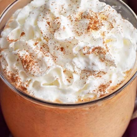 This pumpkin spice hot chocolate is made with white chocolate and real canned pumpkin... and tastes like pumpkin pie in a mug!  Warm up this Fall! #pumpkin #pumpkinspice #hotchocolate #whitechocolate #Fall #falldrink #hotcocoa