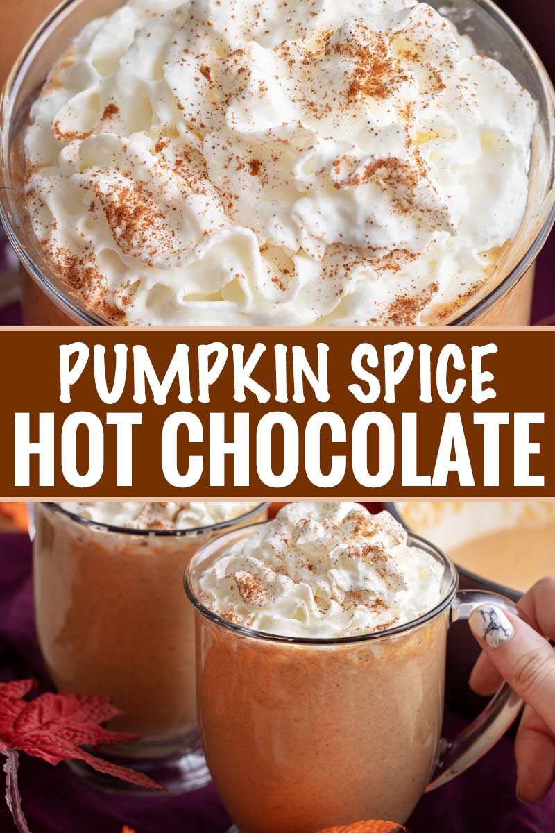 This pumpkin spice hot chocolate is made with white chocolate and real canned pumpkin... and tastes like pumpkin pie in a mug!  Warm up this Fall! #pumpkin #pumpkinspice #hotchocolate #whitechocolate #Fall #falldrink #hotcocoa