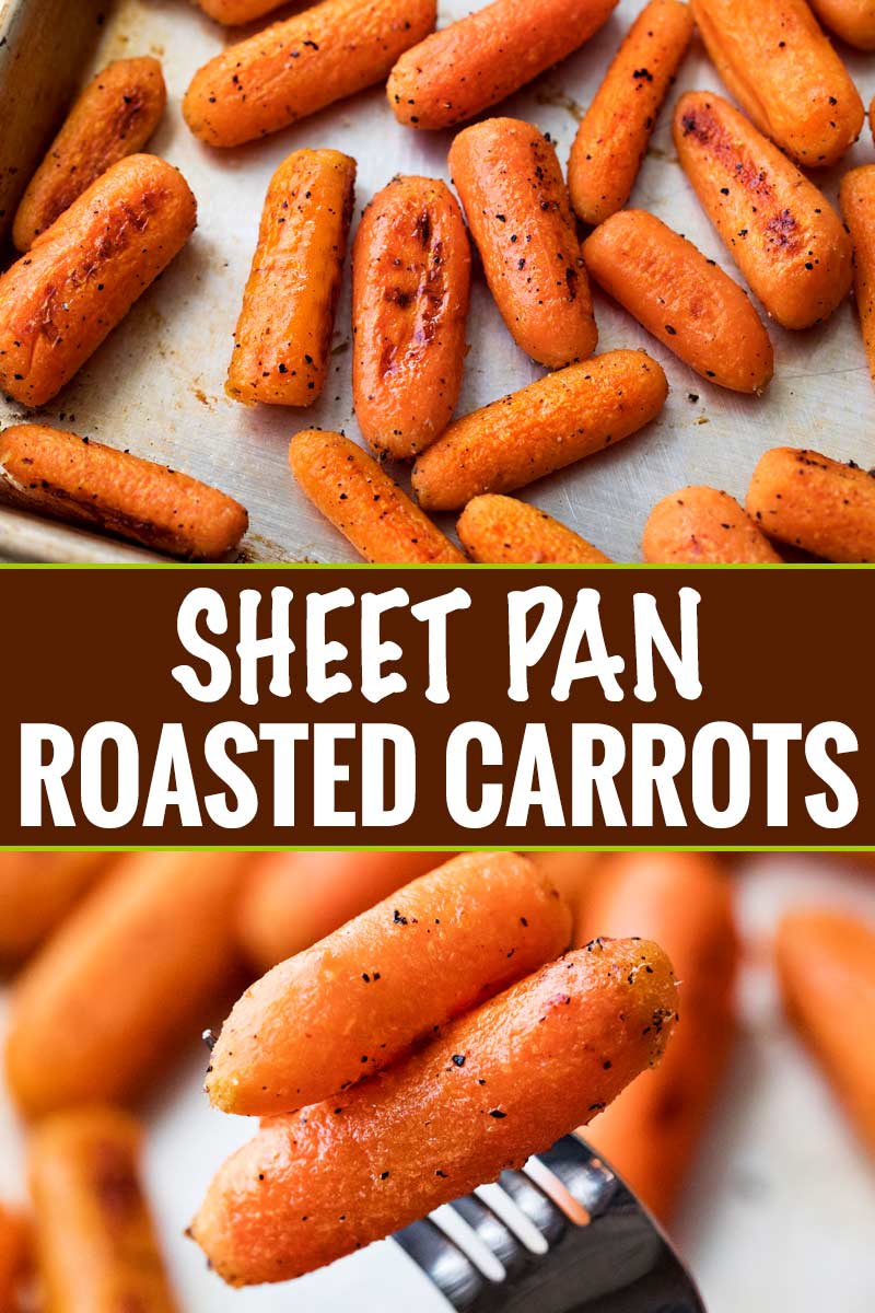 These simple roasted carrots are made easily on a sheet pan, with a simple roasting method that brings out the natural sweetness of the baby carrots.  They're the perfect side dish!  #roasted #carrots #sidedish #holidayrecipe #carrotrecipe #sheetpan #healthy #side #thanksgiving