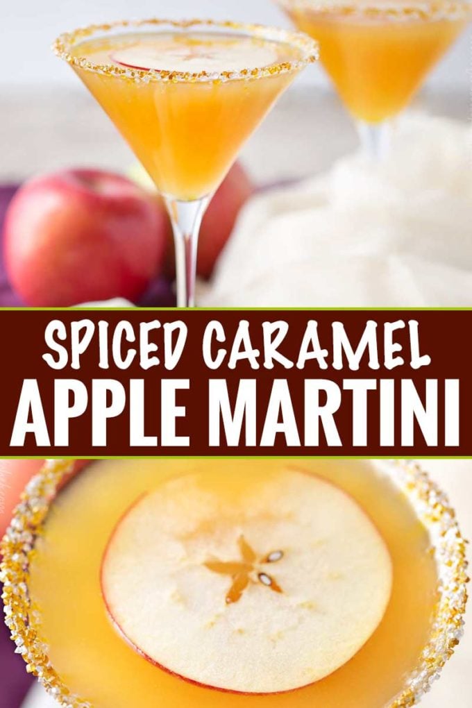 Sweet spiced apple cider mixed with caramel flavored vodka, shaken over ice and served with a slice of sweet apple as a garnish! #martinirecipe #applemartini #vodka #applecider #falldrink #fall #caramelapple #caramel #vodka