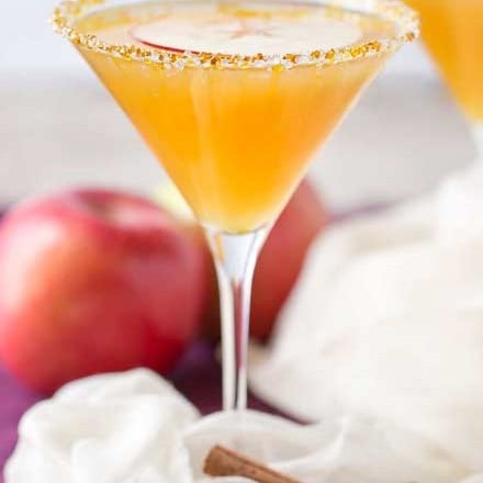 Sweet spiced apple cider mixed with caramel flavored vodka, shaken over ice and served with a slice of sweet apple as a garnish! #martinirecipe #applemartini #vodka #applecider #falldrink #fall #caramelapple #caramel #vodka