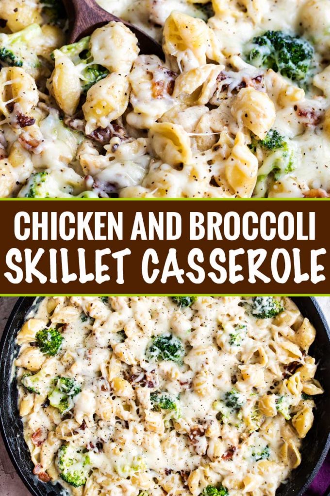 Ultra creamy and rich, this Cheesy Chicken Casserole with Broccoli and Bacon is a great weeknight dinner that the whole family will LOVE! #casserole #skillet #chicken #kidfriendly #weeknightdinner #weeknightrecipe #easyrecipe #dinner #cheesy