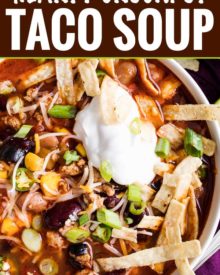 Packed with flavor, this Crockpot Taco Soup tastes just like your favorite taco, in comforting soup form!  Perfect for a hectic weeknight dinner, there are slow cooker, stovetop and instant pot directions! #taco #soup #crockpot #slowcooker #weeknight #easyrecipe #comfortfood