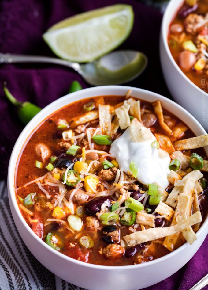 Big bowl of taco soup made in the slow cooker