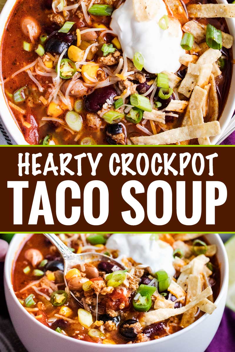 Packed with flavor, this Crockpot Taco Soup tastes just like your favorite taco, in comforting soup form!  Perfect for a hectic weeknight dinner, there are slow cooker, stovetop and instant pot directions! #taco #soup #crockpot #slowcooker #weeknight #easyrecipe #comfortfood