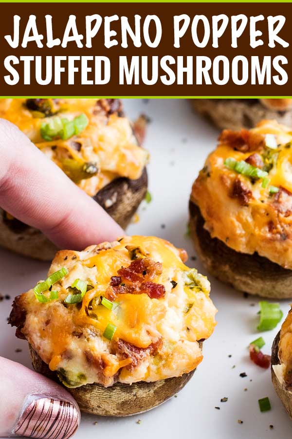 This epic game day food is all the deliciousness of a cheesy jalapeno popper, stuffed into mushrooms!  Spicy, creamy, and super cheesy, this is the appetizer your guests really want! #stuffedmushrooms #mushrooms #jalapeno #jalapenopopper #cheesy #appetizer #gameday #partyfood #easyrecipe