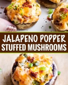 This epic game day food is all the deliciousness of a cheesy jalapeno popper, stuffed into mushrooms!  Spicy, creamy, and super cheesy, this is the appetizer your guests really want! #stuffedmushrooms #mushrooms #jalapeno #jalapenopopper #cheesy #appetizer #gameday #partyfood #easyrecipe