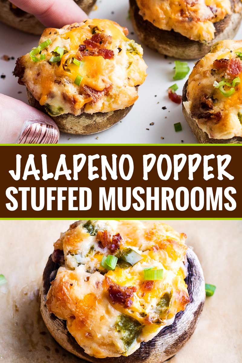 This epic game day food is all the deliciousness of a cheesy jalapeno popper, stuffed into mushrooms!  Spicy, creamy, and super cheesy, this is the appetizer your guests really want! #stuffedmushrooms #mushrooms #jalapeno #jalapenopopper #cheesy #appetizer #gameday #partyfood #easyrecipe