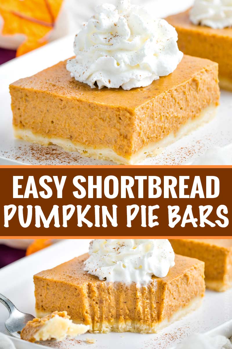 Great classic pumpkin pie flavors without the hassle of dealing with pie crust!  Make your Thanksgiving easier with these Shortbread Pumpkin Pie Bars... perfect for a larger crowd! #pumpkinpie #pumpkin #Thanksgiving #crowd #shortbread #hasslefree #easyrecipe #bars