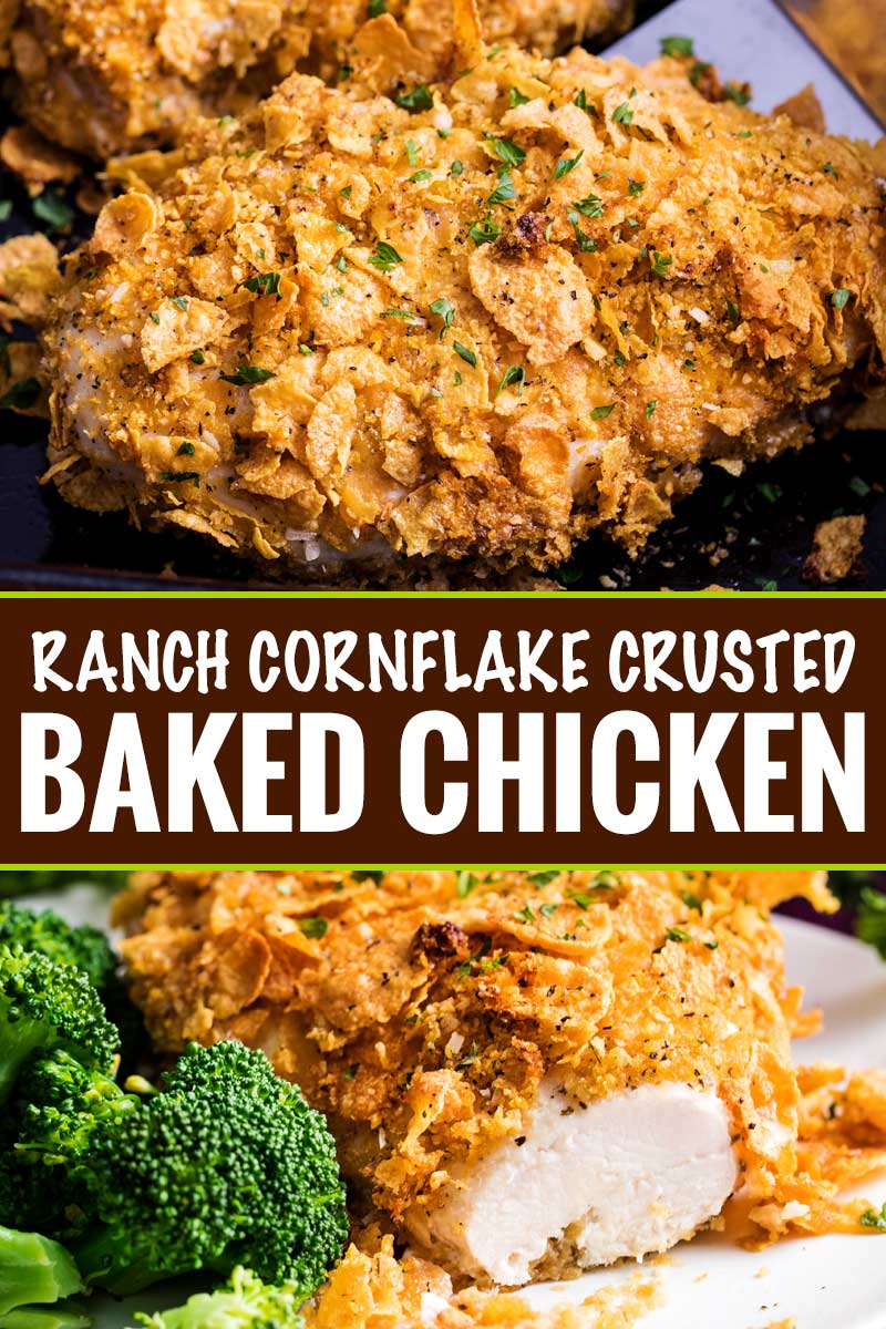 Crunchy, juicy baked chicken made by slathering chicken breasts in ranch dressing then coating in seasoned cornflakes.  All the satisfying crunch of fried chicken, but with less fat and more flavor! #chicken #cornflake #baked #easyrecipe 