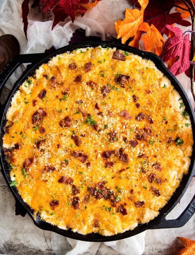 Skillet of homemade mac and cheese