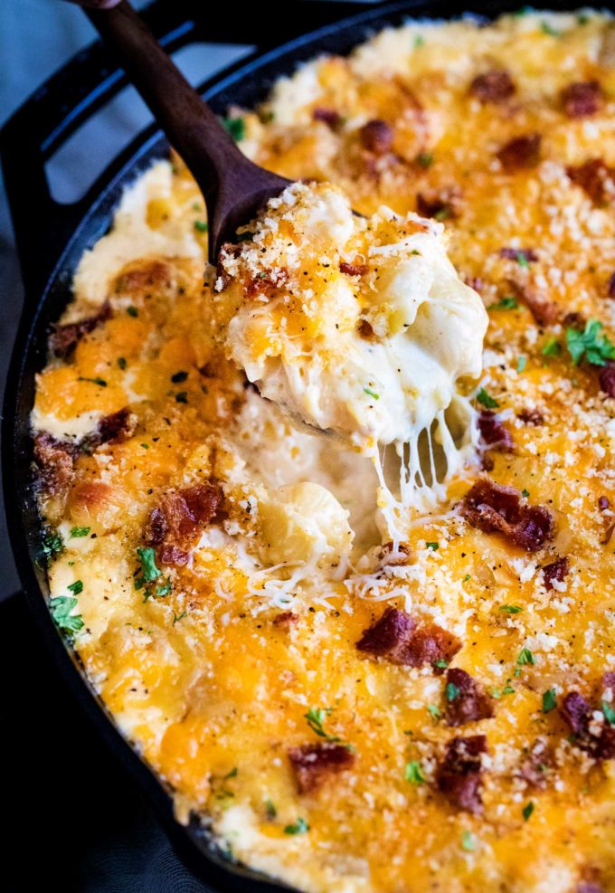 Gooey mac and cheese made in cast iron skillet