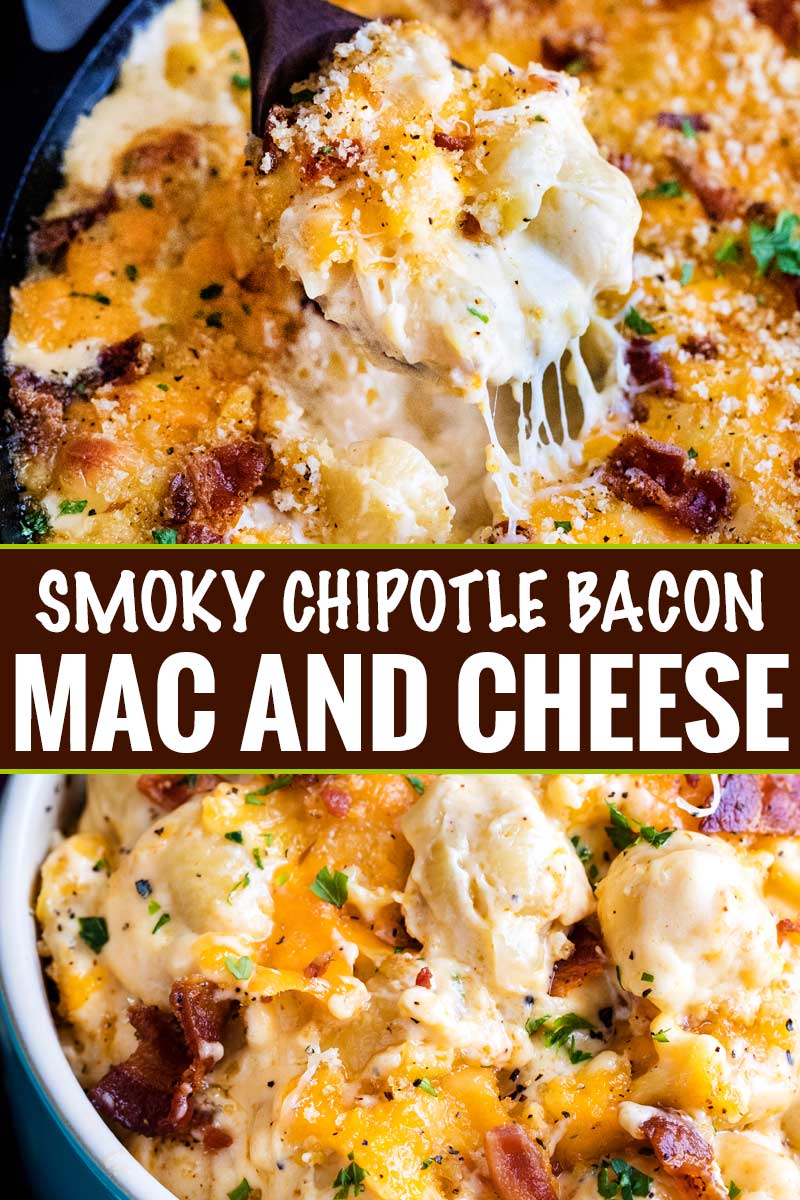 Creamy mac and cheese, made with double the cheeses, chipotle peppers, crispy bacon, and a buttery panko topping!  Perfect for a weeknight comfort food meal! #macandcheese #macaroni #bacon #chipotle #smoky #comfortfood #weeknightmeal #easyrecipe #homemade