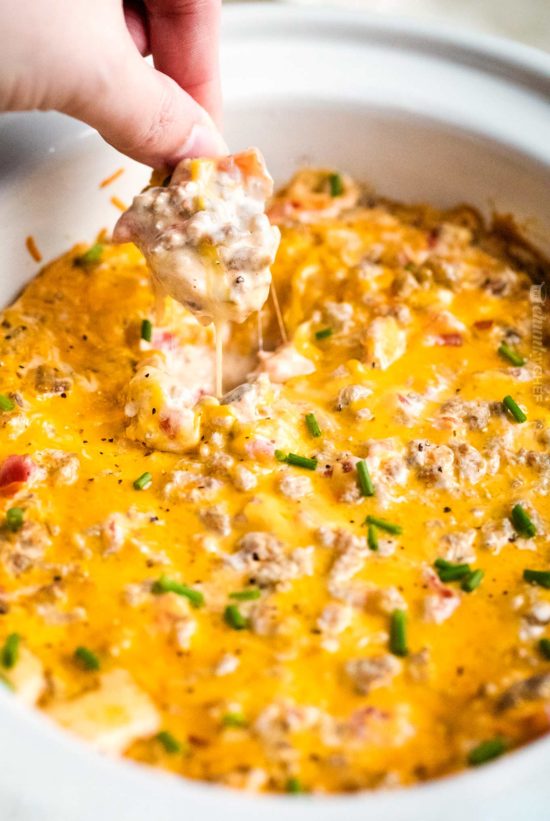 Cheesy Crockpot Sausage Rotel Dip The Chunky Chef