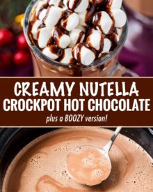 Make creamy hot chocolate for the whole party, right in your slow cooker! This hot chocolate is made with plenty of nutella for a creamy hazelnut drink that's absolutely amazing! #hotchocolate #crockpothotchocolate #hotchocolaterecipes #nutella #holidaydrinks #hotcocoa #cocoa #chocolate #drink