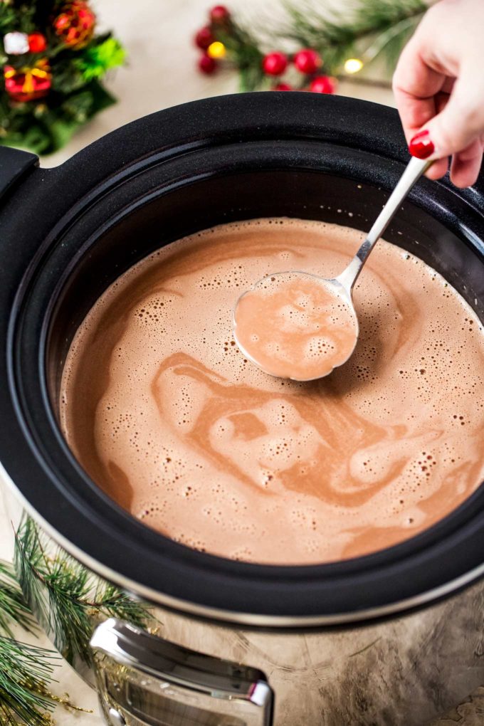 Ladle of hot chocolate from crockpot