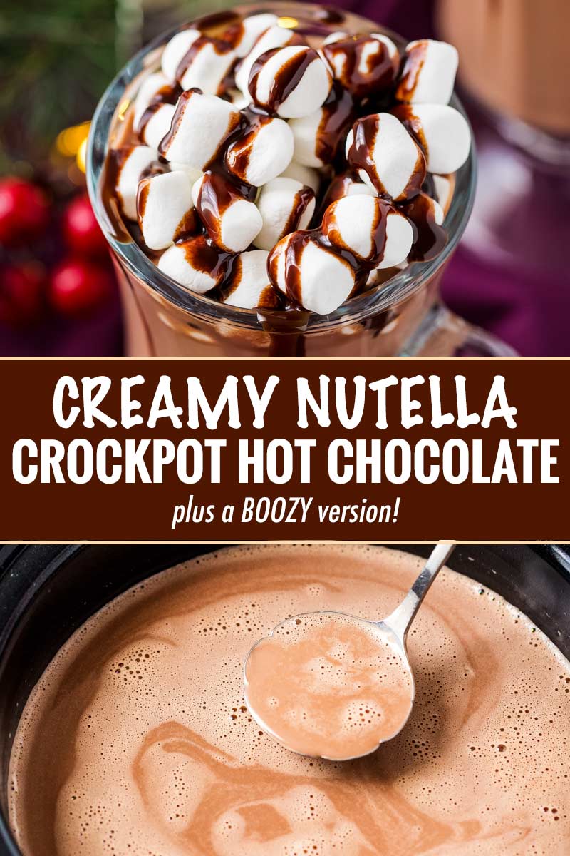 Make creamy hot chocolate for the whole party, right in your slow cooker! This hot chocolate is made with plenty of nutella for a creamy hazelnut drink that's absolutely amazing! #hotchocolate #crockpothotchocolate #hotchocolaterecipes #nutella #holidaydrinks #hotcocoa #cocoa #chocolate #drink