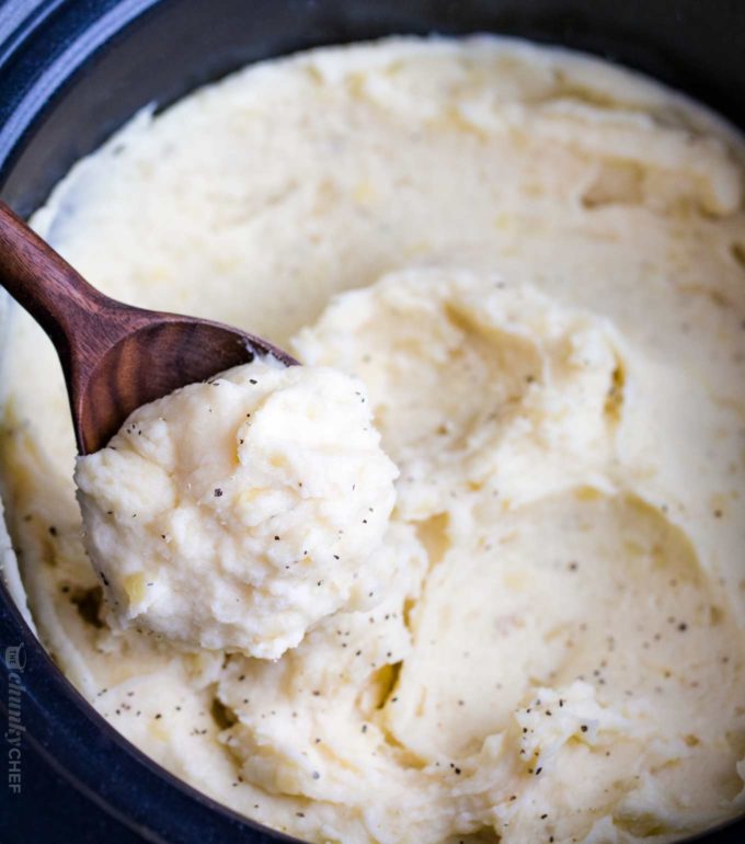 Crockpot mashed potatoes on spoon