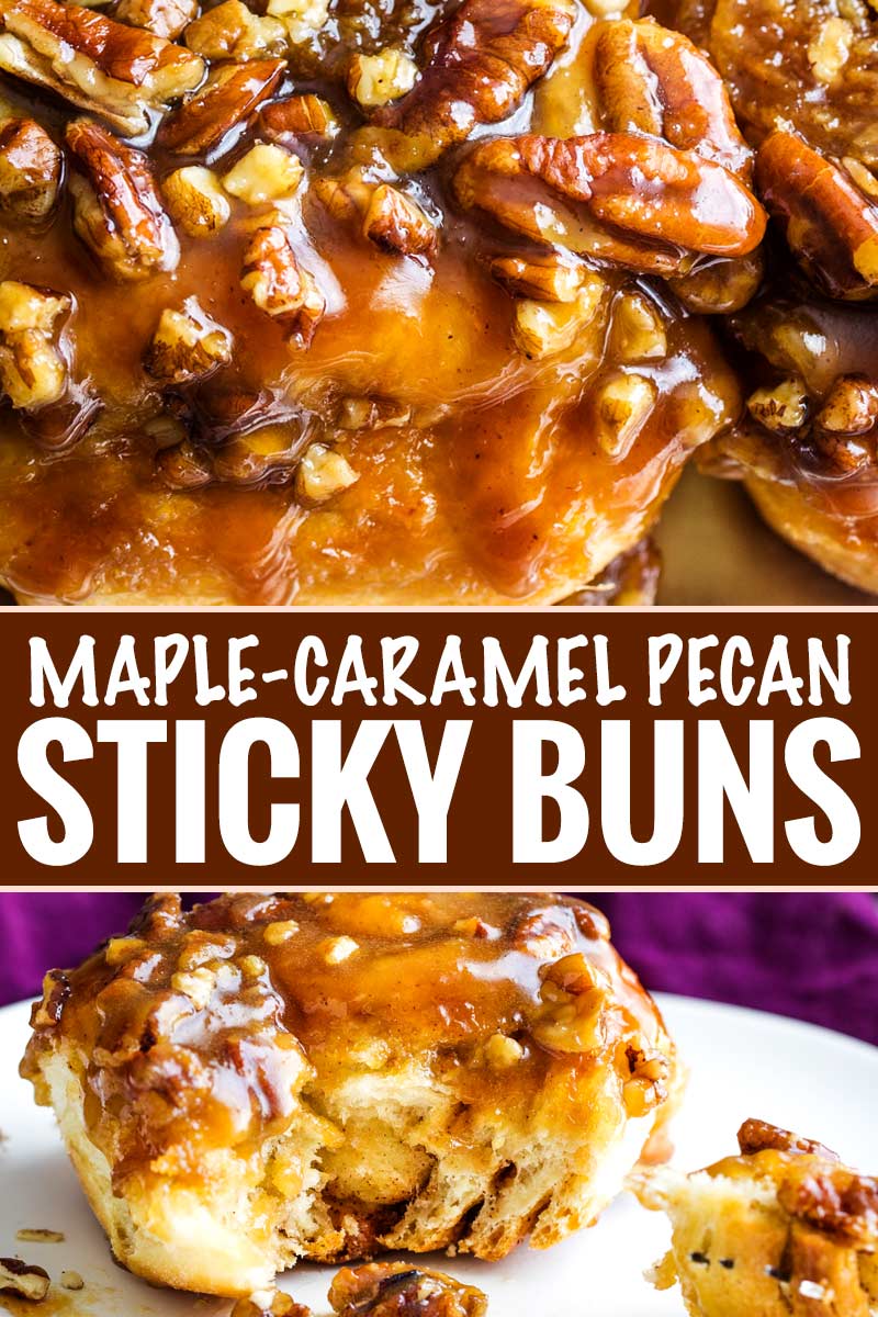Deliciously tender, sweet and sticky, these sticky buns are made with a homemade maple-caramel sauce that is out of this world! #stickybuns #sweetrolls #cinnamonbun #pecan #caramel #holiday #breakfast #dessert