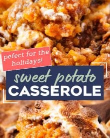 Classic Sweet Potato Casserole, perfectly seasoned with Fall spices and topped with a pecan crumble and gooey marshmallows.  Perfect as a traditional or make-ahead side dish for Thanksgiving! #Thanksgivingrecipe #sweetpotato #casserole #sidedish #pecan #marshmallow