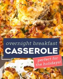 This easy make ahead breakfast casserole is a true family favorite!  Made with eggs, bread, sausage, bacon and plenty of cheese, it’s perfect for a holiday breakfast, or anytime! #breakfastcasserole #breakfast #brunch #breakfastrecipe #holiday #christmas #easter #mothersday #fathersday #breakfastbake
