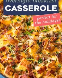 This easy make ahead breakfast casserole is a true family favorite!  Made with eggs, bread, sausage, bacon and plenty of cheese, it’s perfect for a holiday breakfast, or anytime! #breakfastcasserole #breakfast #brunch #breakfastrecipe #holiday #christmas #easter #mothersday #fathersday #breakfastbake