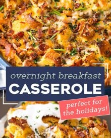 This easy make ahead breakfast casserole is a true family favorite!  Made with eggs, bread, sausage, bacon and plenty of cheese, it’s perfect for a holiday breakfast, or anytime! #breakfastcasserole #breakfast #brunch #breakfastrecipe #holiday #christmas #easter #mothersday #fathersday #breakfastbake