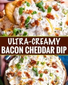 Made in just 5 minutes, this Creamy Bacon Cheddar Dip is super easy to make and is the star of any party! #dip #appetizer #bacon #cheddar #nobake #gameday #easyrecipe #makeaheadrecipe #party #partyfood