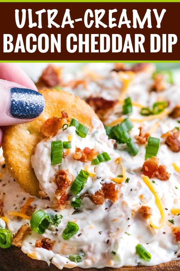 Made in just 5 minutes, this Creamy Bacon Cheddar Dip is super easy to make and is the star of any party! #dip #appetizer #bacon #cheddar #nobake #gameday #easyrecipe #makeaheadrecipe #party #partyfood