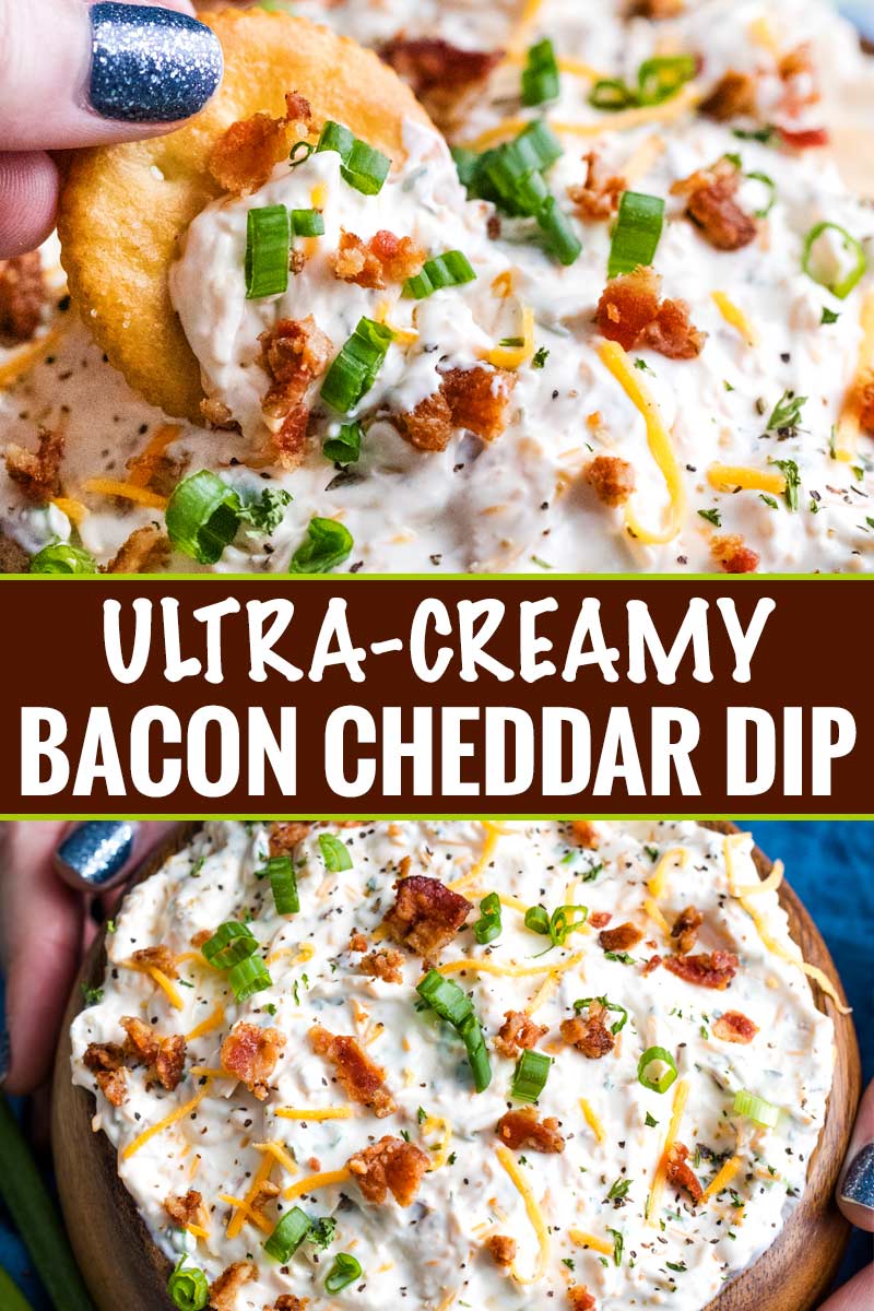 Made in just 5 minutes, this Creamy Bacon Cheddar Dip is super easy to make and is the star of any party! #dip #appetizer #bacon #cheddar #nobake #gameday #easyrecipe #makeaheadrecipe #party #partyfood