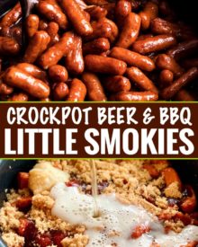 Always a crowd-pleaser, these Crockpot Little Smokies are slow cooked in a sauce made with beer, garlic, honey, brown sugar and bbq sauce.  Perfect for game day, holidays, or any party! #littlesmokies #lilsmokies #partyfood #appetizer #recipe #easyrecipe #crockpot #slowcooker