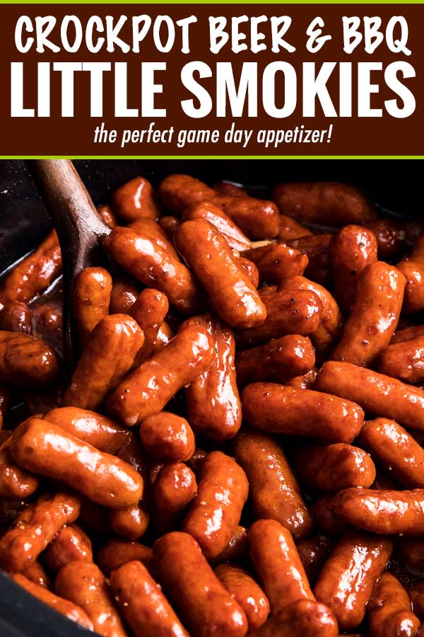 Always a crowd-pleaser, these Crockpot Little Smokies are slow cooked in a sauce made with beer, garlic, honey, brown sugar and bbq sauce.  Perfect for game day, holidays, or any party! #littlesmokies #lilsmokies #partyfood #appetizer #recipe #easyrecipe #crockpot #slowcooker