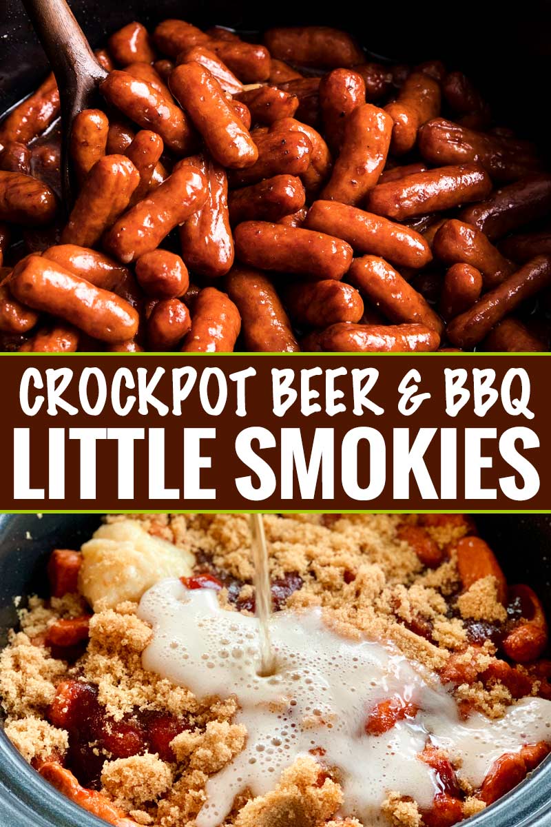 Always a crowd-pleaser, these Crockpot Little Smokies are slow cooked in a sauce made with beer, garlic, honey, brown sugar and bbq sauce.  Perfect for game day, holidays, or any party! #littlesmokies #lilsmokies #partyfood #appetizer #recipe #easyrecipe #crockpot #slowcooker