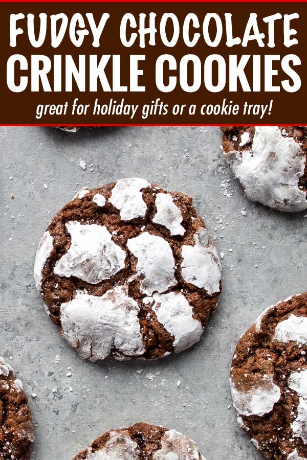 Fudgy and moist, these Chocolate Crinkle Cookies are a wonderful combination of cookies and brownies, and all with that classic crackly top that makes them a favorite for Christmas baking! #cookies #crinkle #Christmas #cookietray #chocolate #brownie #baking #dessertrecipe #cookierecipe #holidaybaking