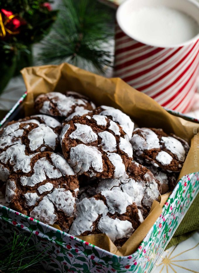 Chocolate crinkle cookies in Christmas tin