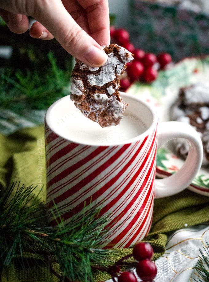 Chocolate crinkle cookies dipped in milk