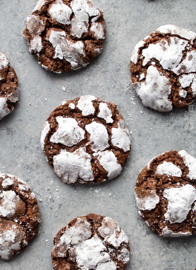 Overhead view of group of chocolate crinkle cookies