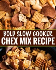 Always a crowd pleaser, this bold and zesty chex mix recipe is made SO simply, right in the crockpot!  Great for any party, and easy to customize! #chexmix #party #snackrecipe #partyfood #bold #chex #slowcooker #crockpot #easyrecipe #homemade