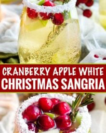 Sweet and festive, this white sangria recipe is full of Christmas cheer!  Easy to make for holiday entertaining, and can be made non-alcoholic as well! #sangria #white #christmas #holiday #winter #alcohol #drink #party #whitewine