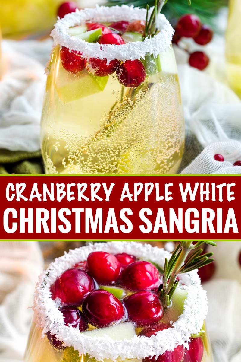 Sweet and festive, this white sangria recipe is full of Christmas cheer!  Easy to make for holiday entertaining, and can be made non-alcoholic as well! #sangria #white #christmas #holiday #winter #alcohol #drink #party #whitewine